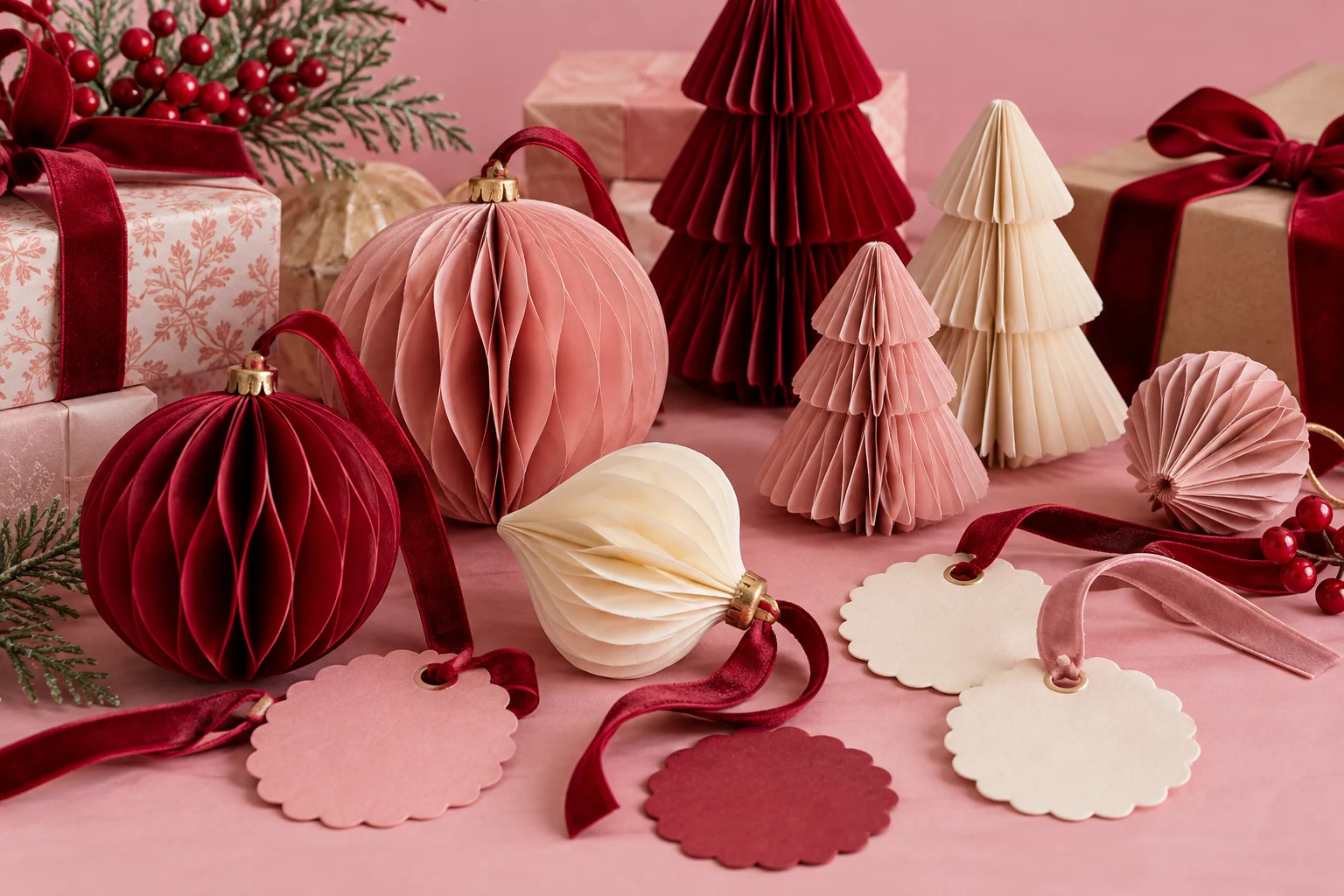 Concept for handmade paper ornaments, ribbon and gift tags in pink, red and cream