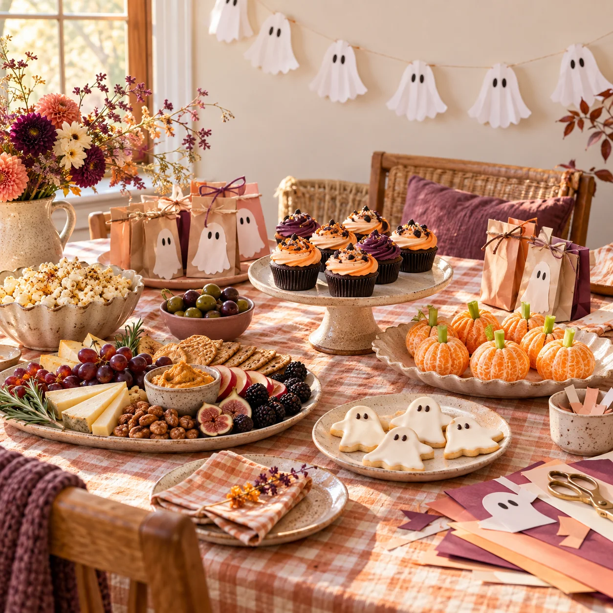 AI concept of a peach-and-plum Halloween table with paper ghosts and clementine pumpkins